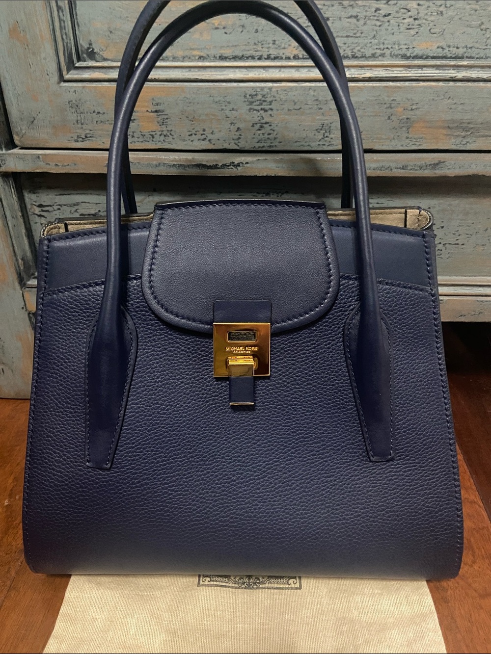 $2500 Michael Kors Navy Leather Top-Handle Satchel with Gold Hardware